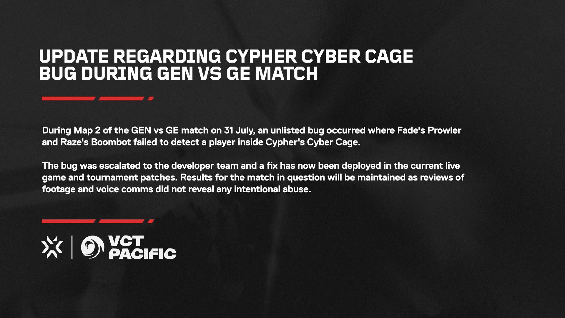 VCT Pacific Fixes Cypher Bug, Gen.G Result Stands
